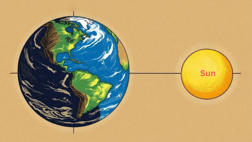 A drawing of a planet earth and a yellow sun